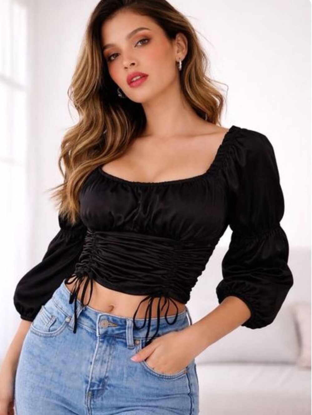 Almost Famous Black Satin Ruched Crop Bishop Sleeves Praisie Peasant Milkmaid